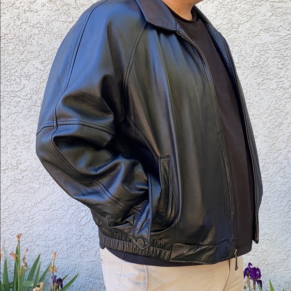 Perry Ellis Sleek Classic Black Essential Staple Top Gun Leather Bomber Jacket - Picture 5 of 11